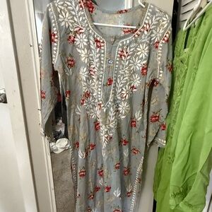 Floral Embroidered lucknowi chikan kurta - Red and grey